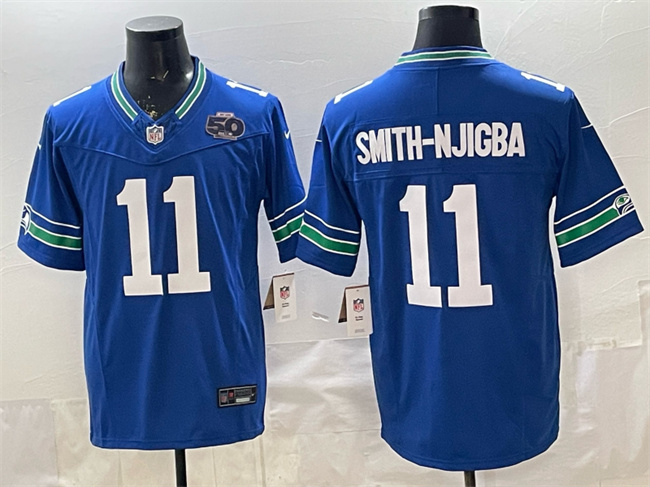 Men's Seattle Seahawks #11 Jaxon Smith-Njigba Royal 2025 F.U.S.E. 50th Season Patch Throwback Vapor Limited Stitched Football Jersey Men's Seattle Seahawks #11 Jaxon Smith-Njigba Royal 2025 F.U.S.E. 50th Season Patch Throwback Vapor Limited Stitched Football Jersey